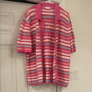 Lovers and Friends Striped Pink Crochet Short-Sleeve Sweater Cardigan